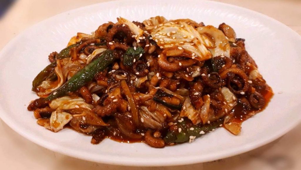 A korean Spicy stir Fried Octopus called Nakji-bokkeum found in Chosun Galbi Cebu