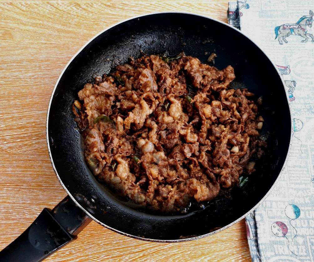 Spicy Korean Beef Stir Fry in a pan