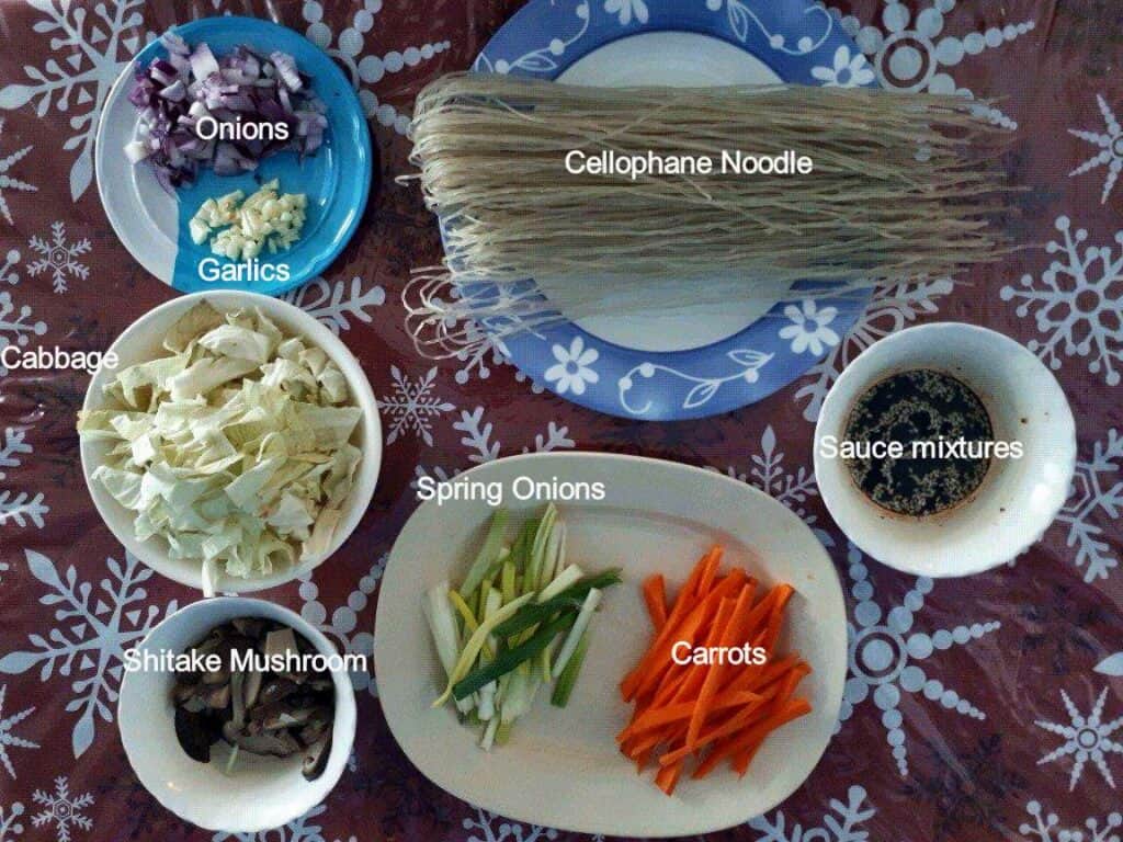 Ingredients of Vegan Japchae Korean Glass Noodles