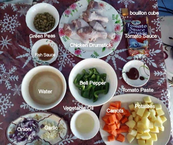 Recipe ingredients of Chicken Afritada recipe includes potatoes, carrots, bell pepper, water, vegetable oil, garlic, onion, chicken legs, green peas, fish sauce, tomato sauce & paste and bouillon cube.