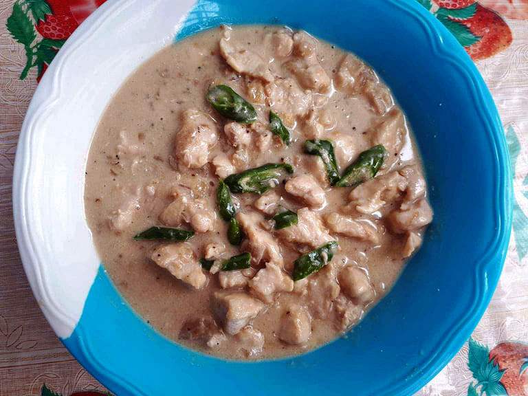 Chicken Bicol Express Recipe mixed with chopped chicken breast, chopped green chilies cooked in coconut milk served in a plate bowl