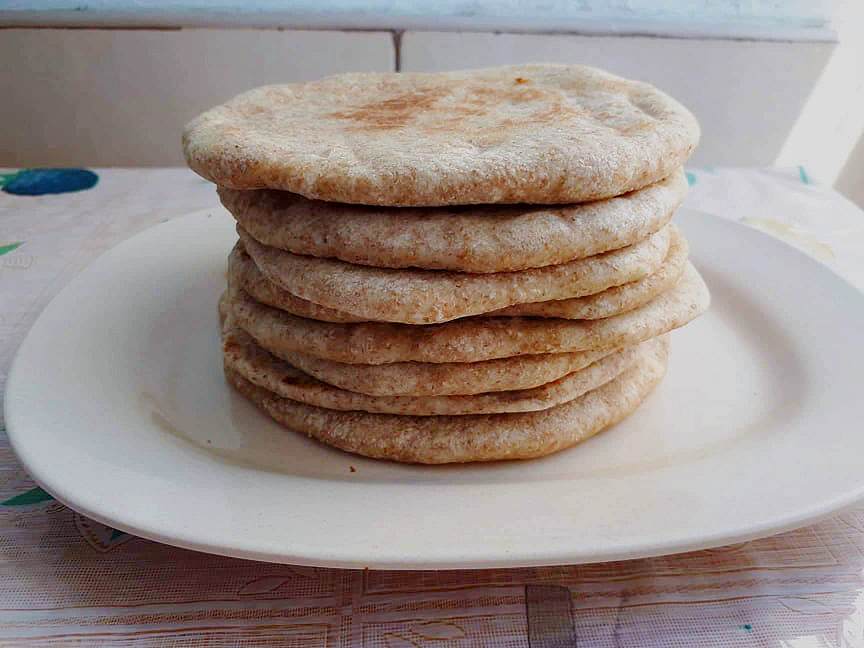 An Arabic Kuboos bread using whole wheat dough serve in a plate