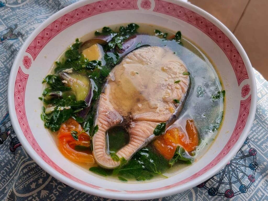 A filipino soup recipe fish tinola containing Spanish mackerel steak, ginger, lemongrass, moringa, and eggplant in a flavorful broth served in a plate bowl.